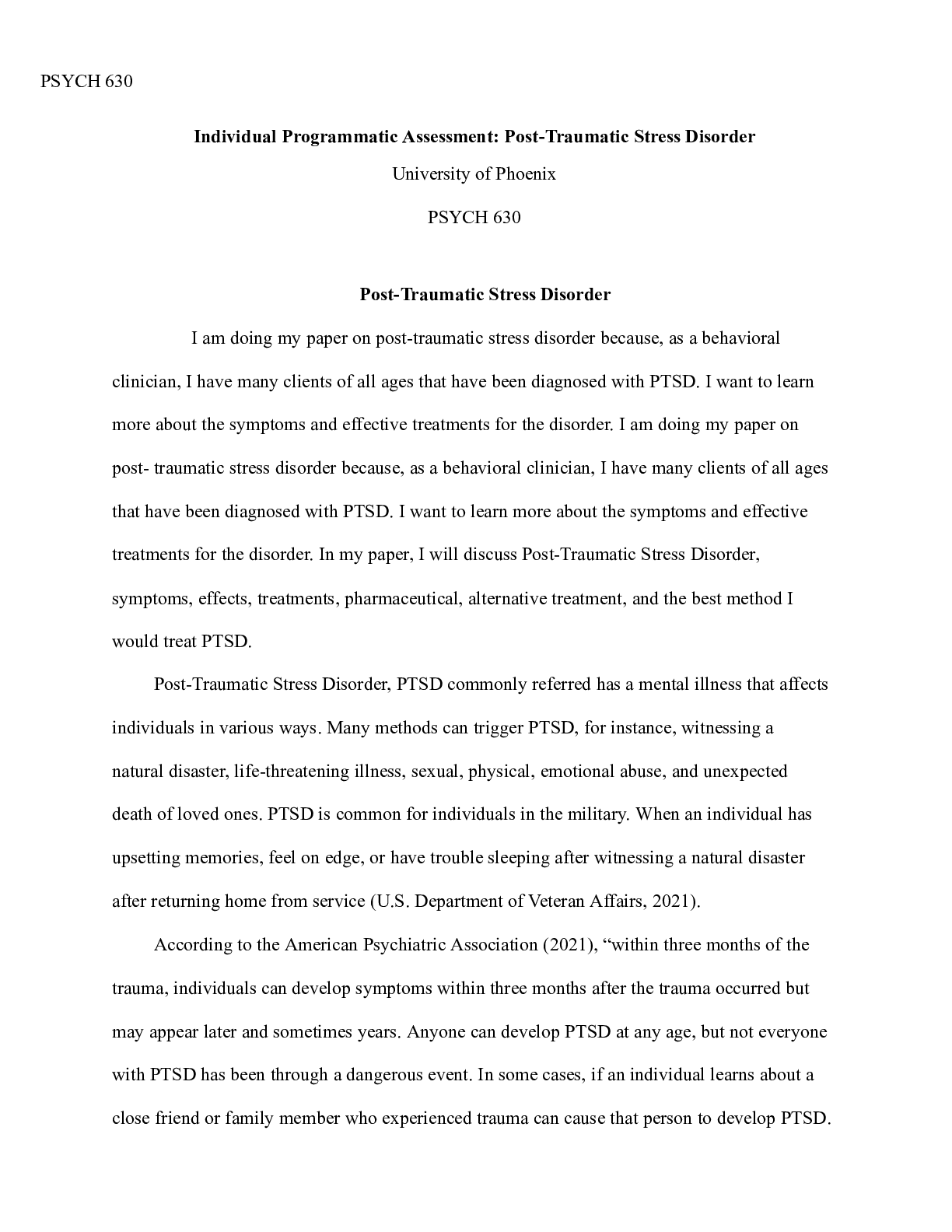 Preview image of PSYCH 630 Week 5  Post Traumatic Stress Disorder.doc  PSYCH 630  Individual Programmatic A document